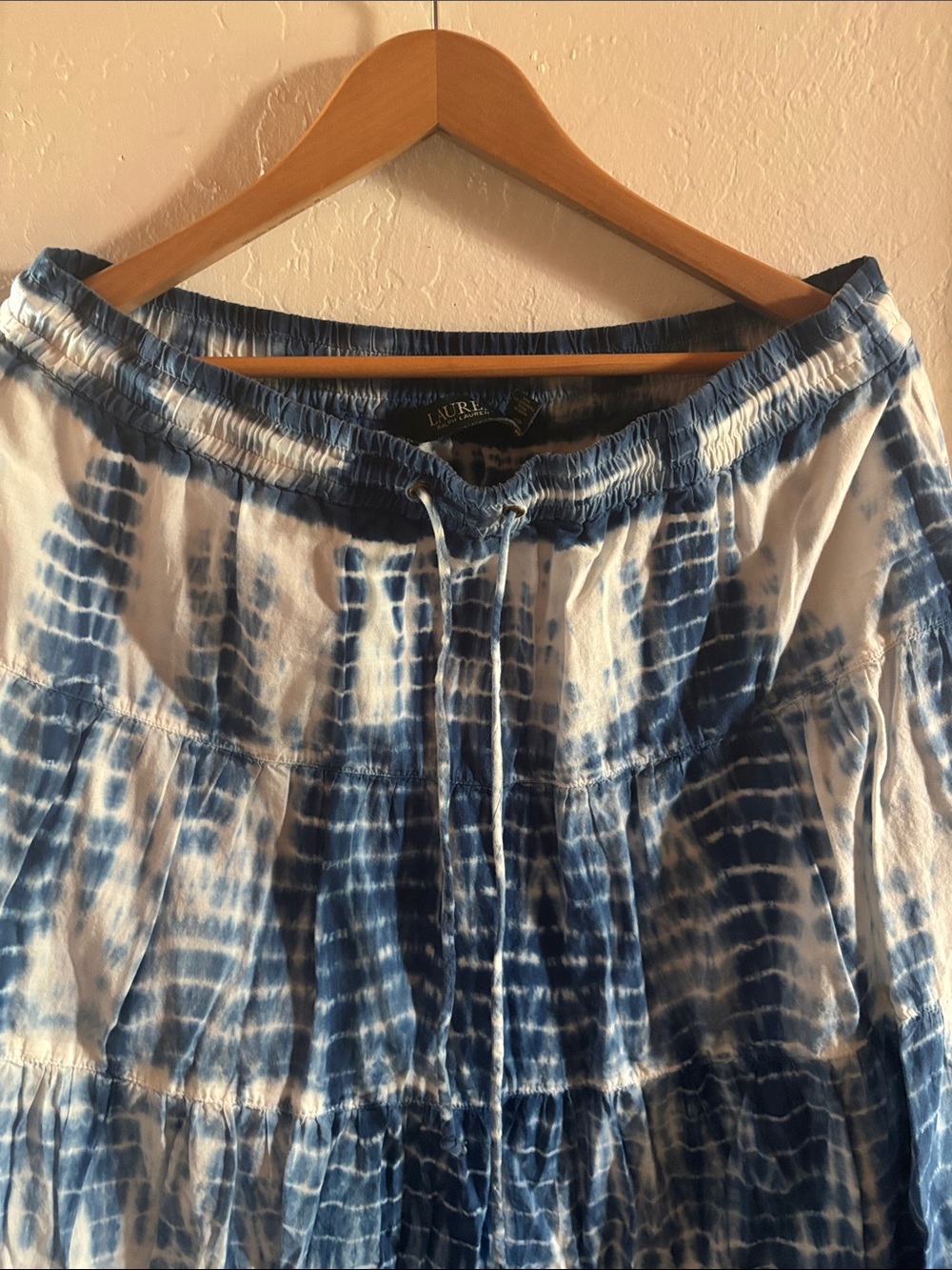 Lauren Ralph Lauren Blue and White Tie-Dye Tiered Maxi Skirt